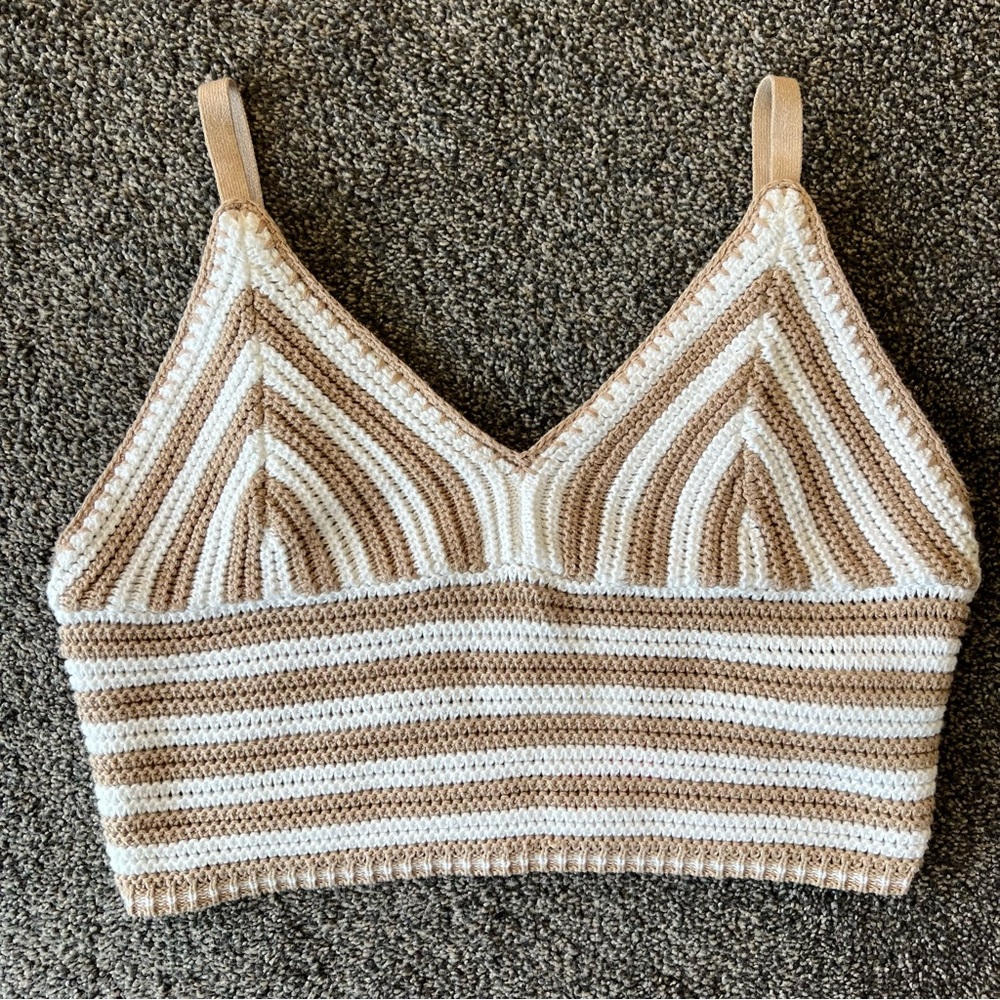 Hollister Crochet Striped Bralette — Cream & Tan